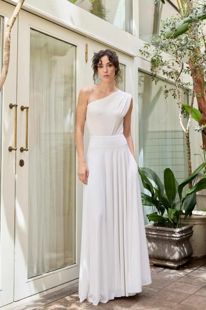 White One Shoulder Draped Wide Leg Jumpsuit