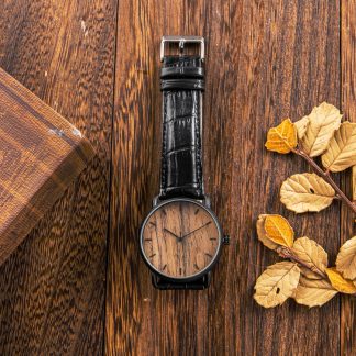 Black crocodile leather strap watch