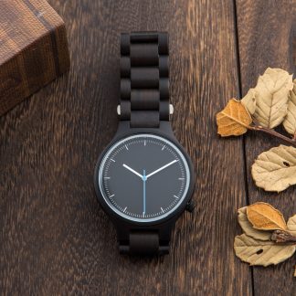 Black dial watch with white and blue hands