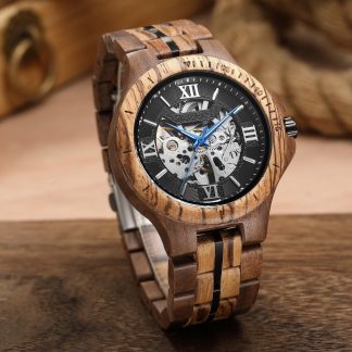 Blue Hand Hollow Design Wooden Watch