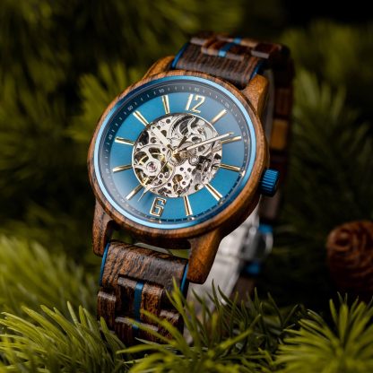 Blue dial hollow mechanical design wooden watch - Image 2