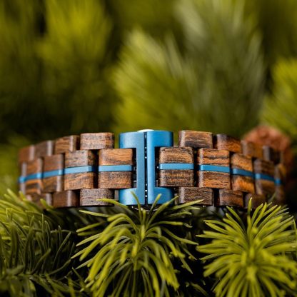 Blue dial hollow mechanical design wooden watch - Image 3