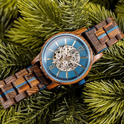 Blue dial hollow mechanical design wooden watch - Image 4