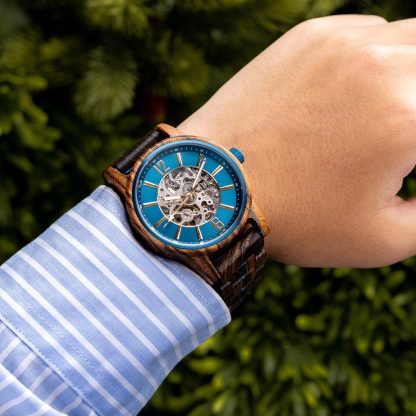 Blue dial hollow mechanical design wooden watch - Image 5