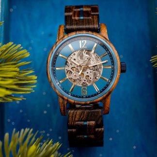 Blue dial hollow mechanical design wooden watch