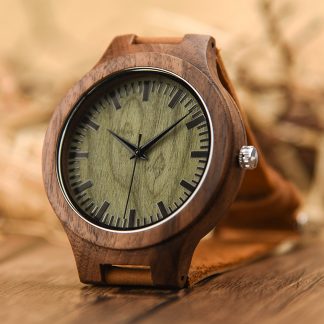 Brown leather strap light green dial watch
