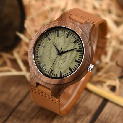 Brown leather strap light green dial watch - Image 3