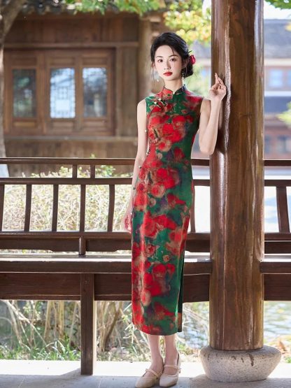 Retro Printed Short Sleeve Cheongsam - Image 5