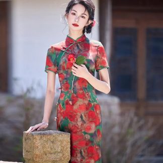 Retro Printed Short Sleeve Cheongsam