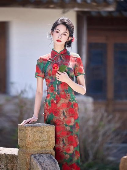 Retro Printed Short Sleeve Cheongsam