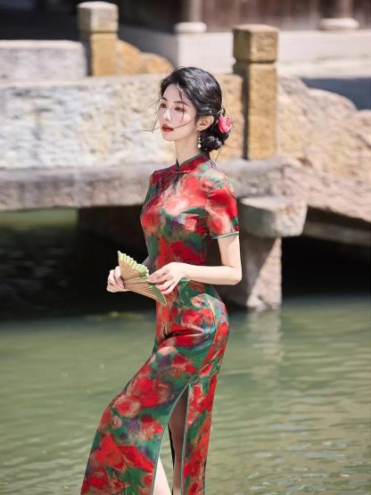 Retro Printed Short Sleeve Cheongsam - Image 3