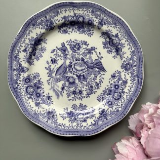 Vintage blue and white porcelain plate with flower and bird pattern