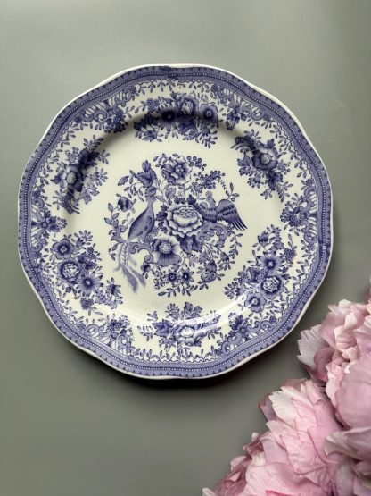 Vintage blue and white porcelain plate with flower and bird pattern