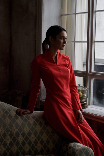 Red Stand Collar Trench Dress - Image 6