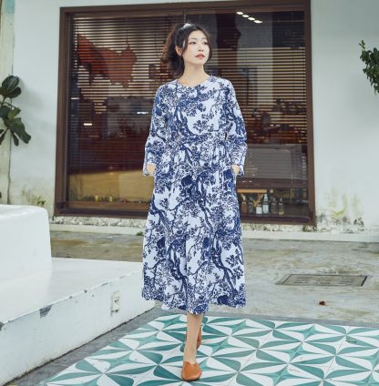 Blue and white vine print dress