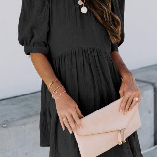 French puff sleeve black dress