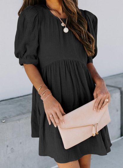 French puff sleeve black dress