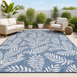Natural leaf shadows Blue outdoor woven carpet