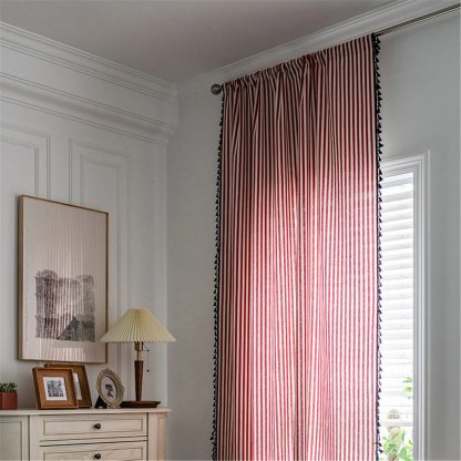 Red and white striped tassel curtains
