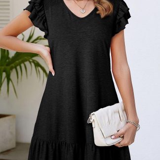 Black V Neck Ruffle Dress