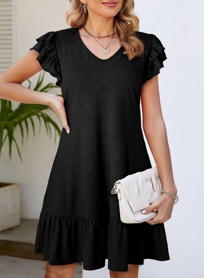Black V Neck Ruffle Dress
