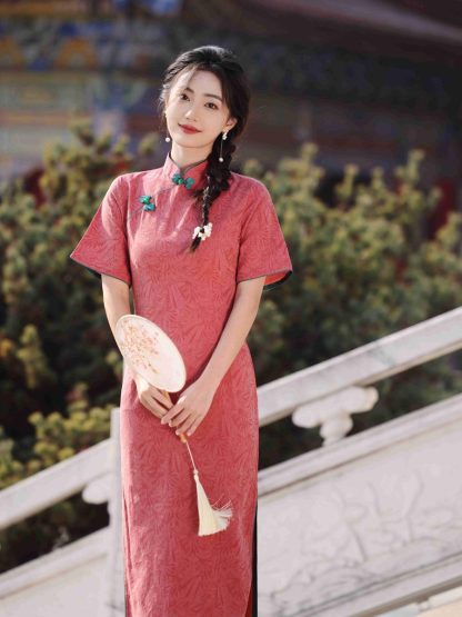 Scarlet elegant short-sleeved mid-length cheongsam - Image 4