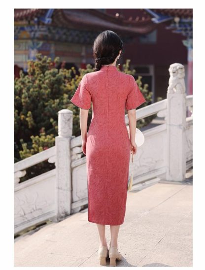 Scarlet elegant short-sleeved mid-length cheongsam - Image 2