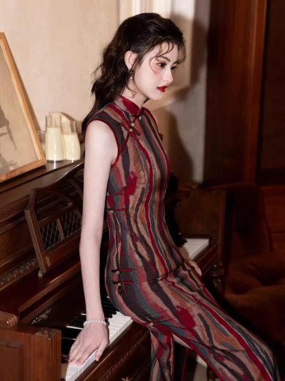 Retro striped sleeveless cheongsam