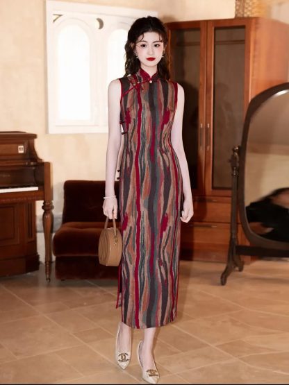 Retro striped sleeveless cheongsam - Image 3