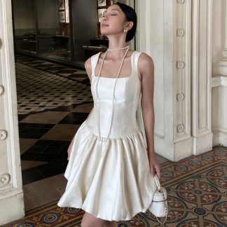 White Square Neck Suspender Dress