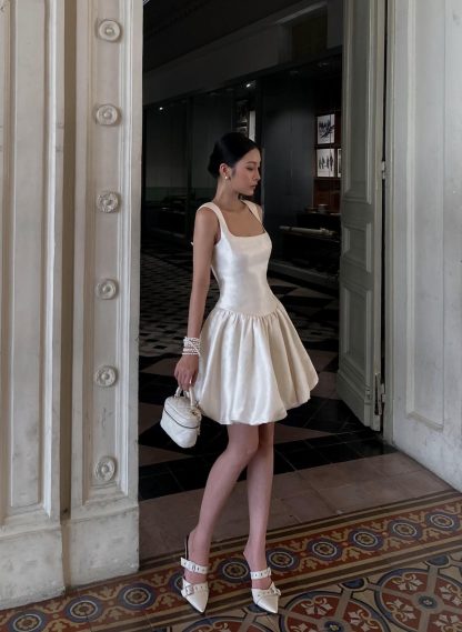White Square Neck Suspender Dress - Image 2