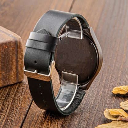 Leather strap dark wood dial watch - Image 2