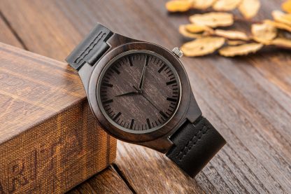 Leather strap dark wood dial watch - Image 3