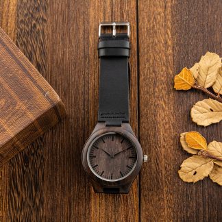 Leather strap dark wood dial watch
