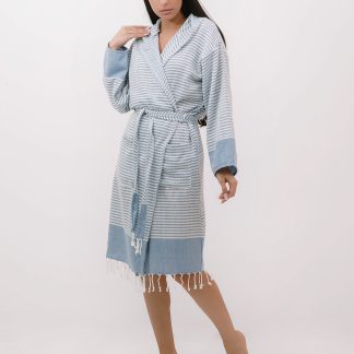Blue and white striped bathrobe