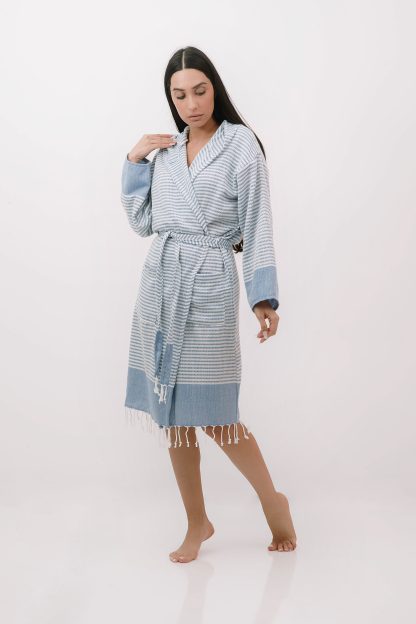 Blue and white striped bathrobe