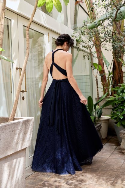 Navy Polka Dot Mesh Halter Neck Dress - Image 4