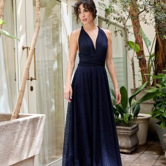 Navy Polka Dot Mesh Halter Neck Dress
