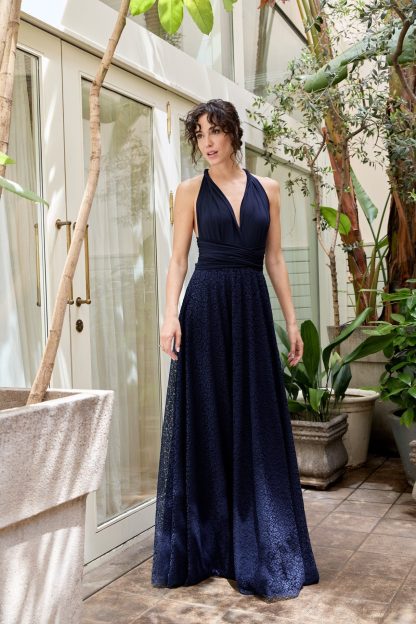 Navy Polka Dot Mesh Halter Neck Dress