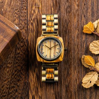 Metal link with wooden strap square case watch