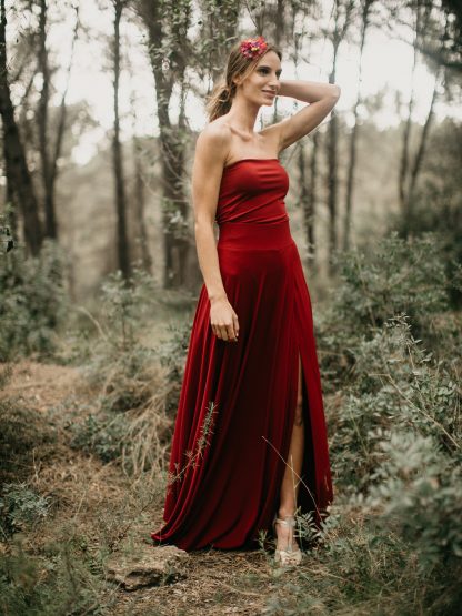 Crimson Satin Strapless Slit Dress - Image 5