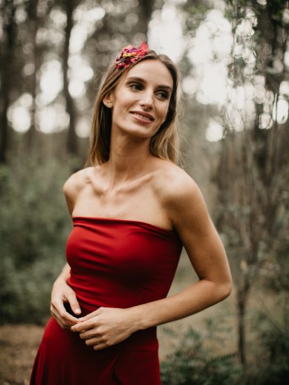 Crimson Satin Strapless Slit Dress - Image 4