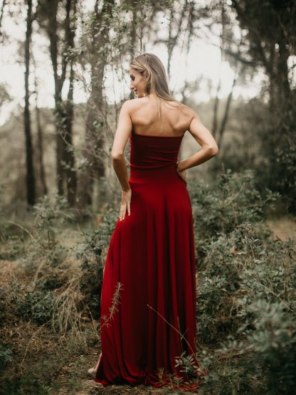 Crimson Satin Strapless Slit Dress - Image 3
