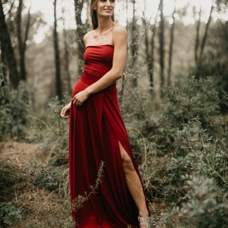 Crimson Satin Strapless Slit Dress