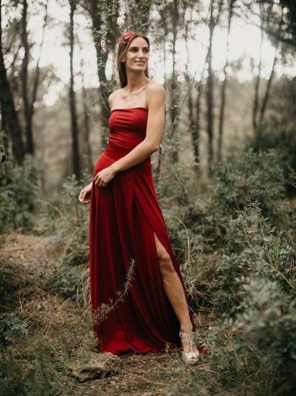 Crimson Satin Strapless Slit Dress