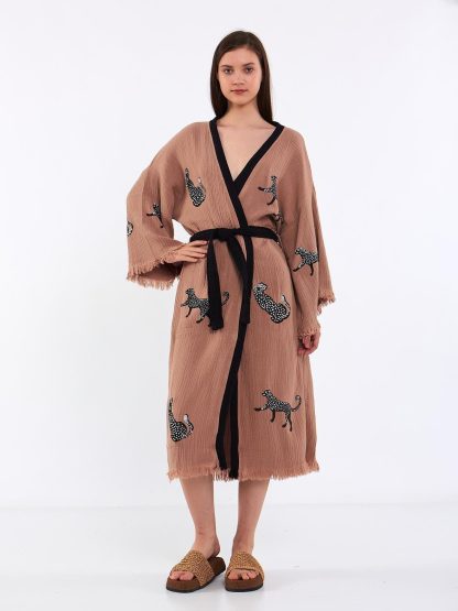 Animal embroidered raw-edge knitted robe