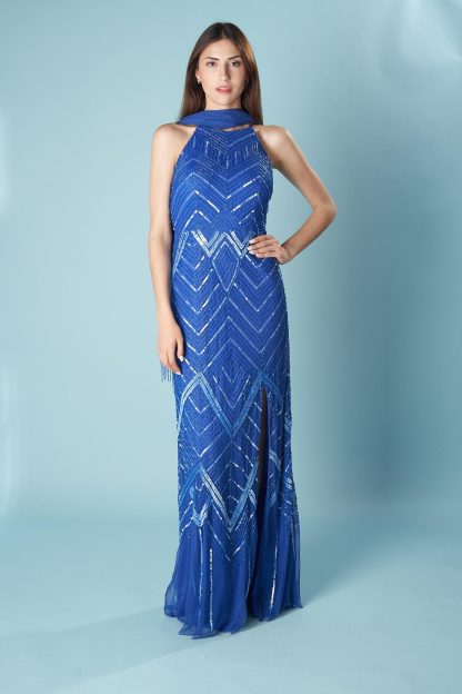 Indigo Geometric Beaded Slit Gown - Image 4
