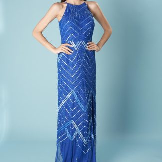 Indigo Geometric Beaded Slit Gown