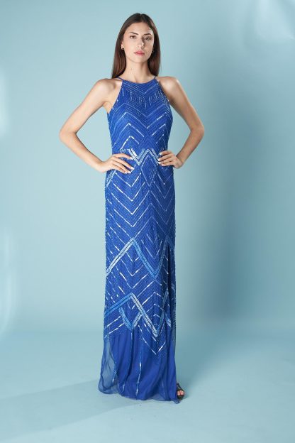 Indigo Geometric Beaded Slit Gown