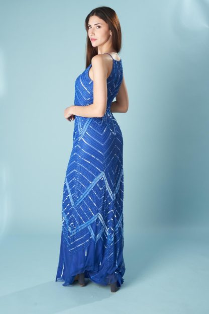Indigo Geometric Beaded Slit Gown - Image 2